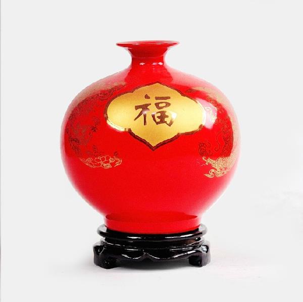 中國(guó)紅花瓶荷花描金 結(jié)婚禮品 家居工藝品擺件