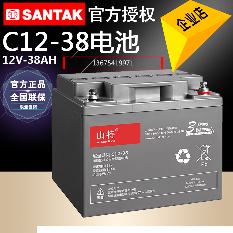 山特（SANTAK）UPS電源電池鉛酸蓄電池免維護(hù)12V38AH C12-38A