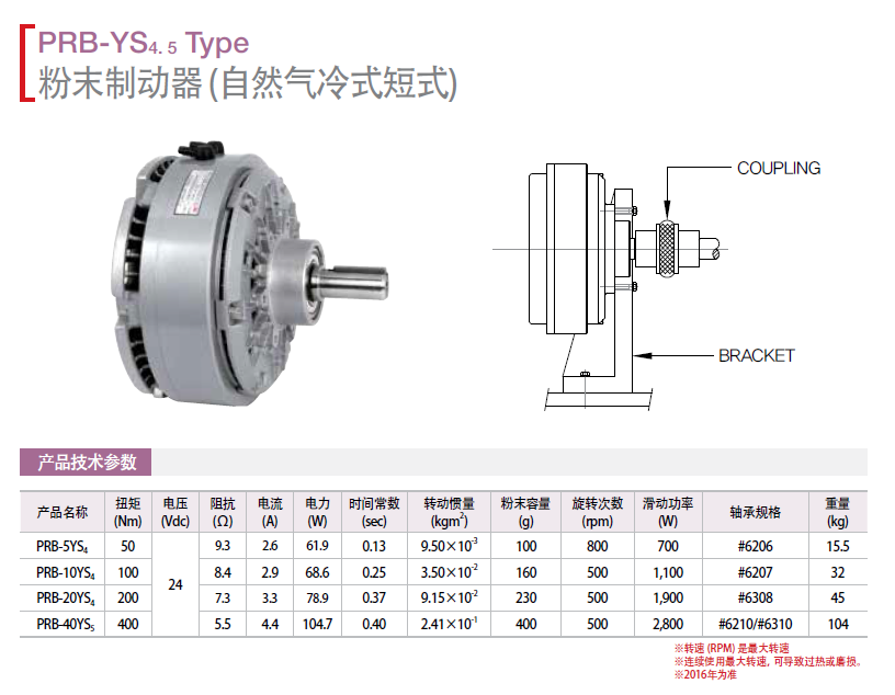 磁粉制動器（自然冷氣式 短式）：PRB-5YS4 PRB-10YS4 PRB-2