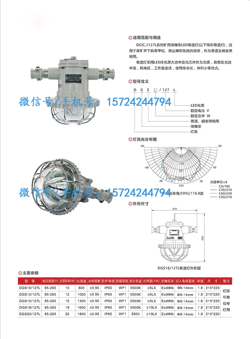 DGS20/127L礦用隔爆型LED巷道燈 20W127V圓形