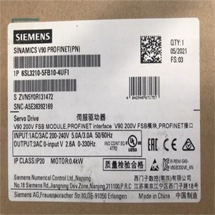 6SL3210-5FB10-4UA1 SINAMICS V90 輸入電壓 西門子模塊代理商