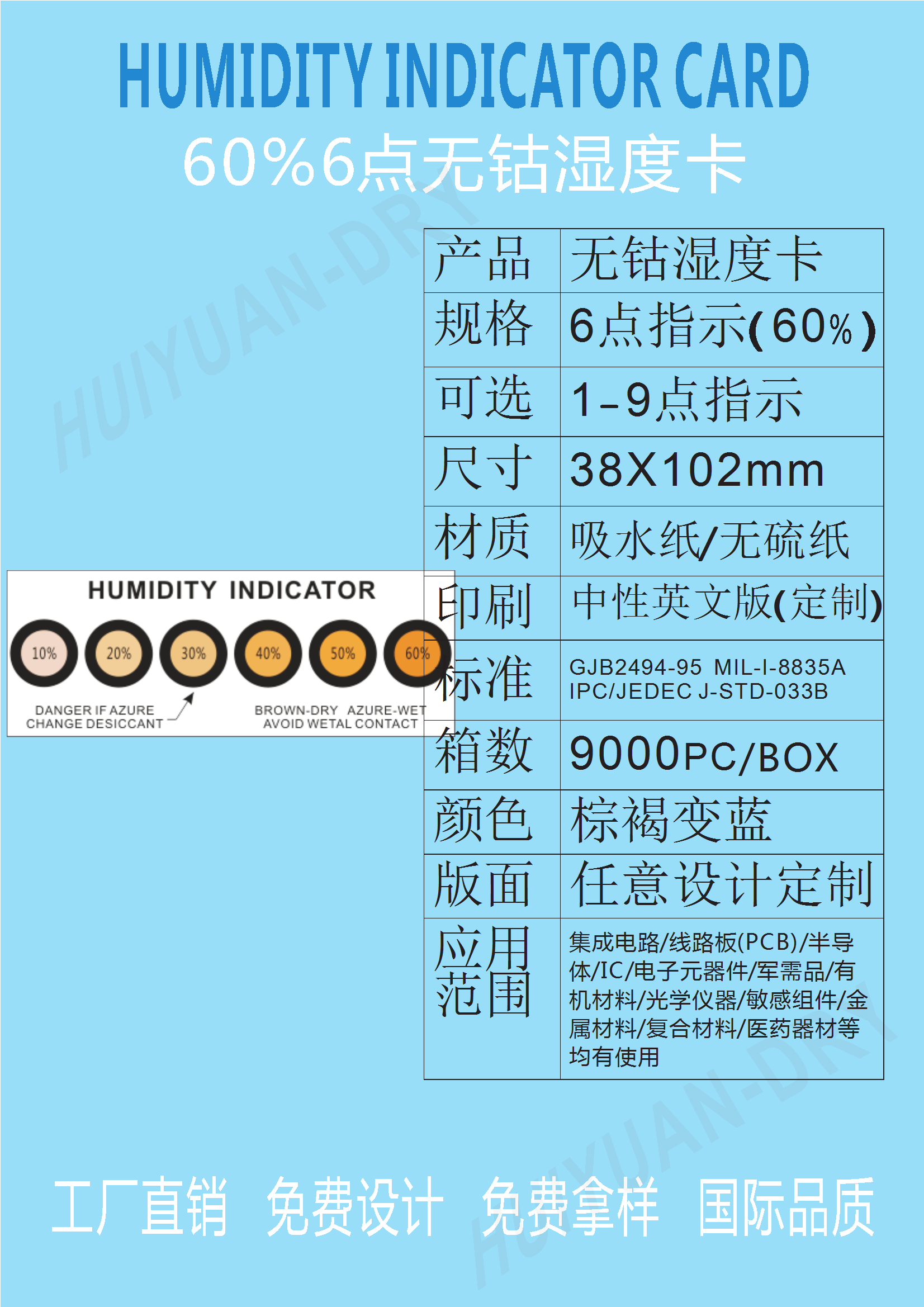 無(wú)鈷濕度指示卡包裝溫濕顯示儀器江門(mén)惠源干燥劑提供10%20%30%40%50%60%