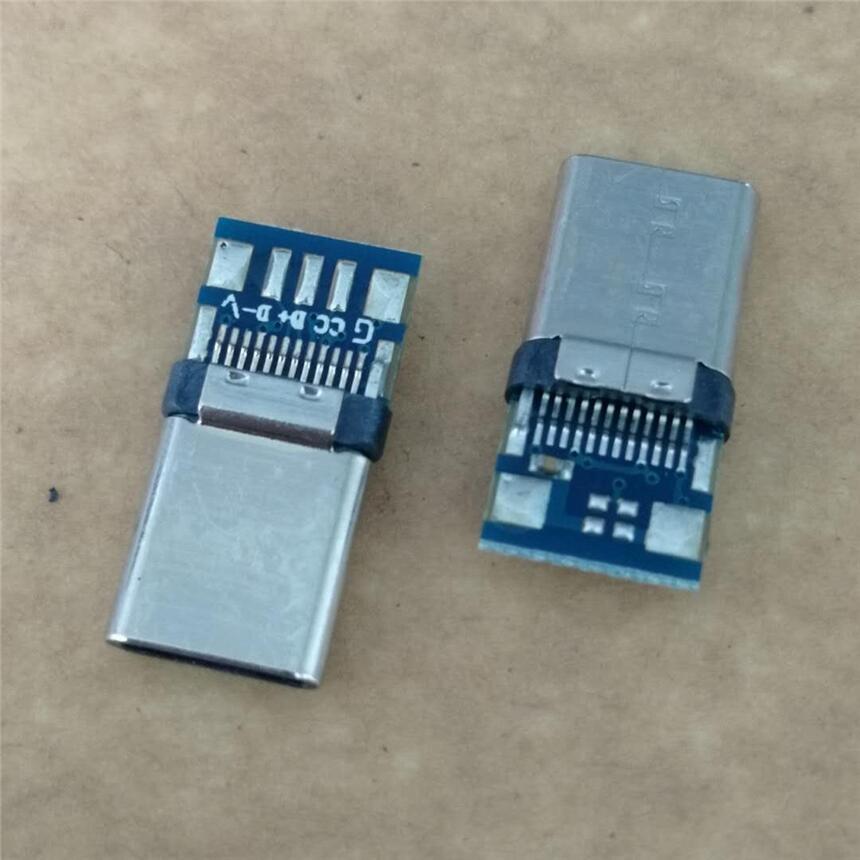 USB TYPE-C 24P夾板公頭 帶PCB板 5個焊盤 C TO C快充公頭 鉚合款