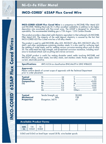 進(jìn)口焊材超合金INCO-COREDR 625DH ＆ 焊絲INCO-COREDR 625DH ＆