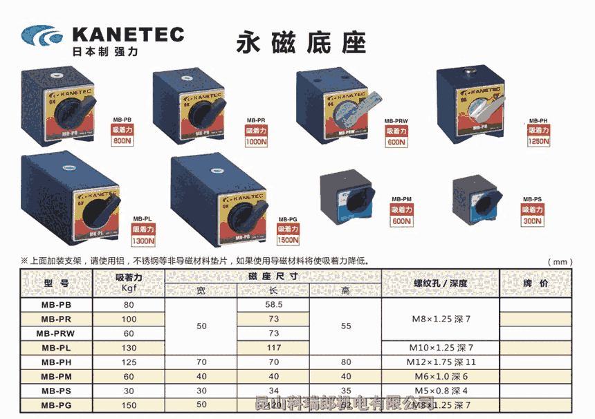 日本強力kanetec永磁底座MB-PR吸力1000N