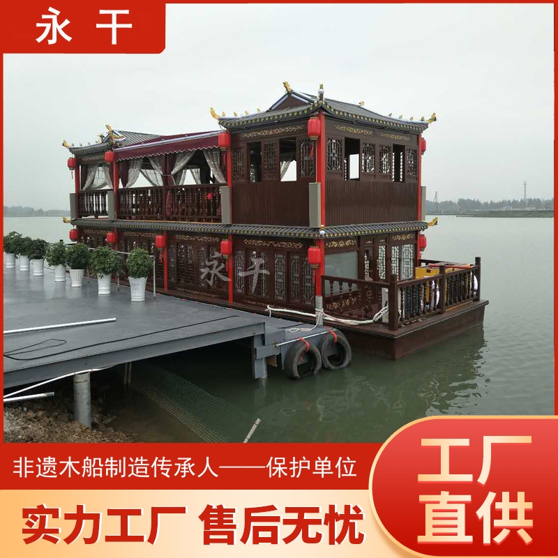 天鵝湖酒店門(mén)口餐飲船定制大型雙層畫(huà)舫船景區(qū)旅游觀光電動(dòng)游船