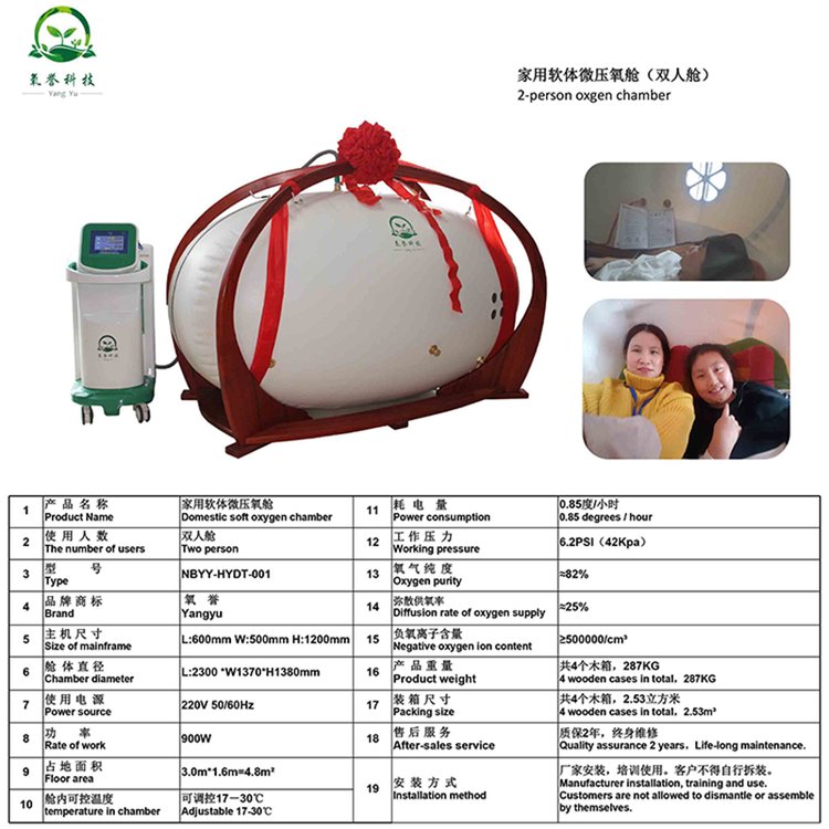 氧譽科技新升級雙人共同使用家用軟體高壓氧艙內(nèi)壓力1.5個大氣壓