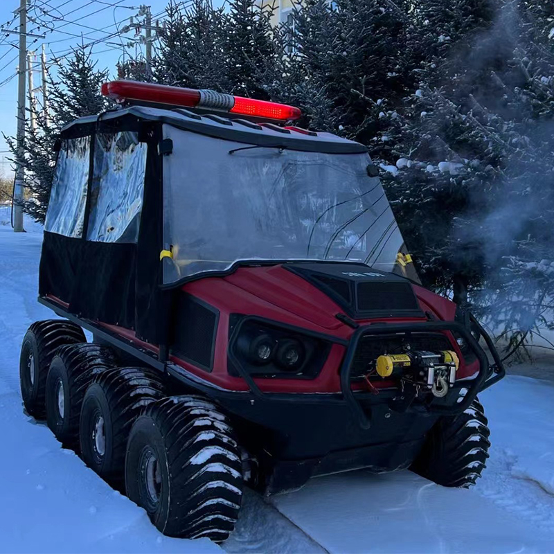 水陸兩棲八輪越野車，救援全地形車雪地騎行，防滾架、雨棚、浮筒